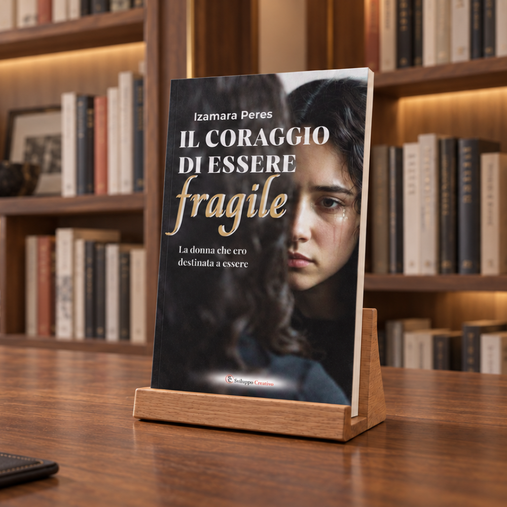 Il coraggio di essere fragile di Izamara Peres, su un leggio in biblioteca
